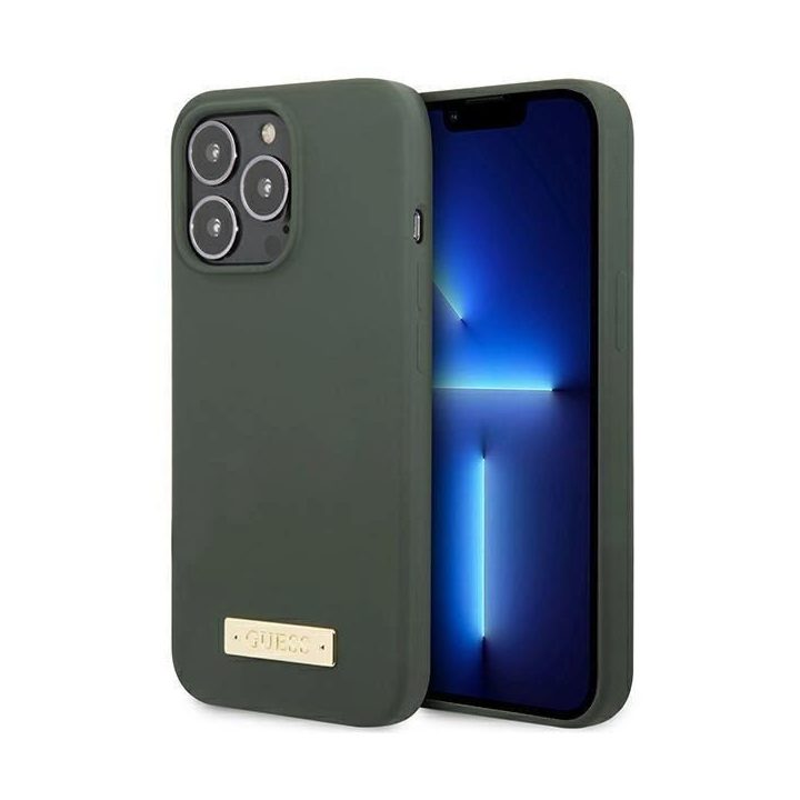 Guess GUHMP13XSPLA iPhone 13 Pro Max 6.7 green/khaki deklas Silikoninis logotipas Plokštelė MagSafe