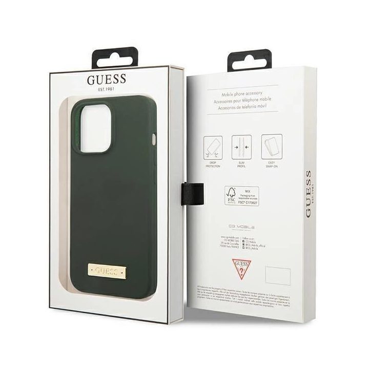 Guess GUHMP13XSPLA iPhone 13 Pro Max 6.7 green/khaki deklas Silikoninis logotipas Plokštelė MagSafe