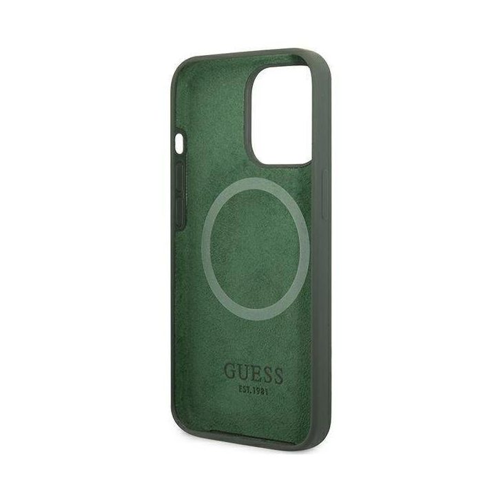 Guess GUHMP13XSPLA iPhone 13 Pro Max 6.7 green/khaki deklas Silikoninis logotipas Plokštelė MagSafe