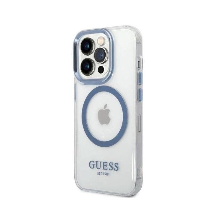 Guess metalinių kontūrų MagSafe dėklas iPhone 14 Pro - mėlynas