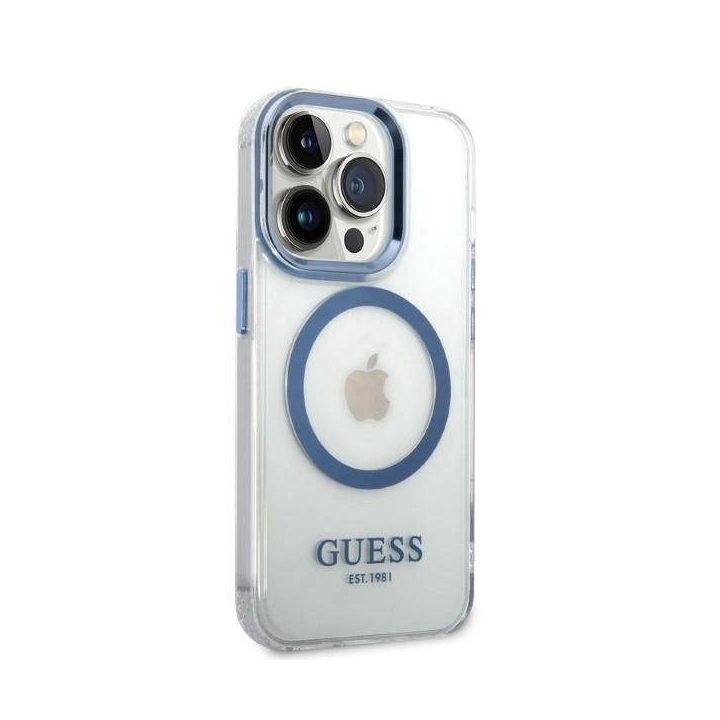 Guess metalinių kontūrų MagSafe dėklas iPhone 14 Pro - mėlynas