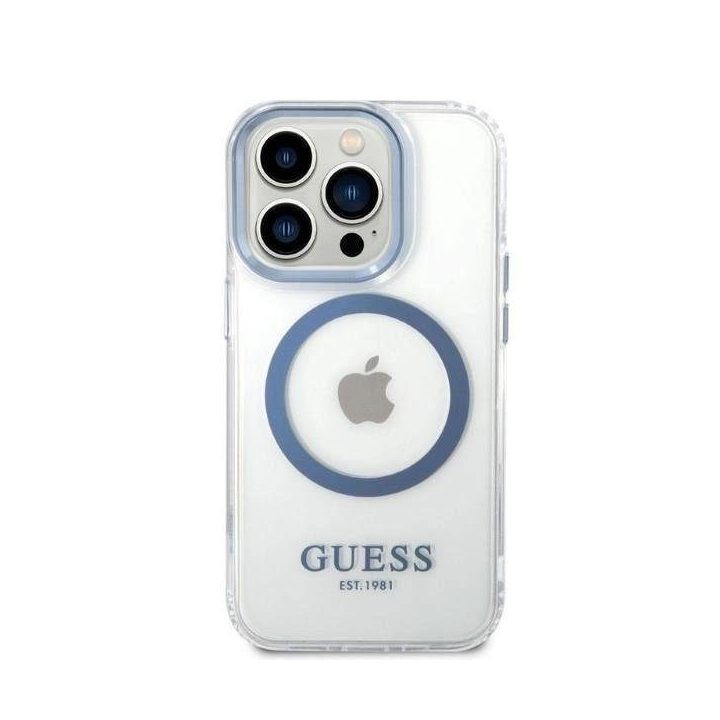 Guess metalinių kontūrų MagSafe dėklas iPhone 14 Pro - mėlynas