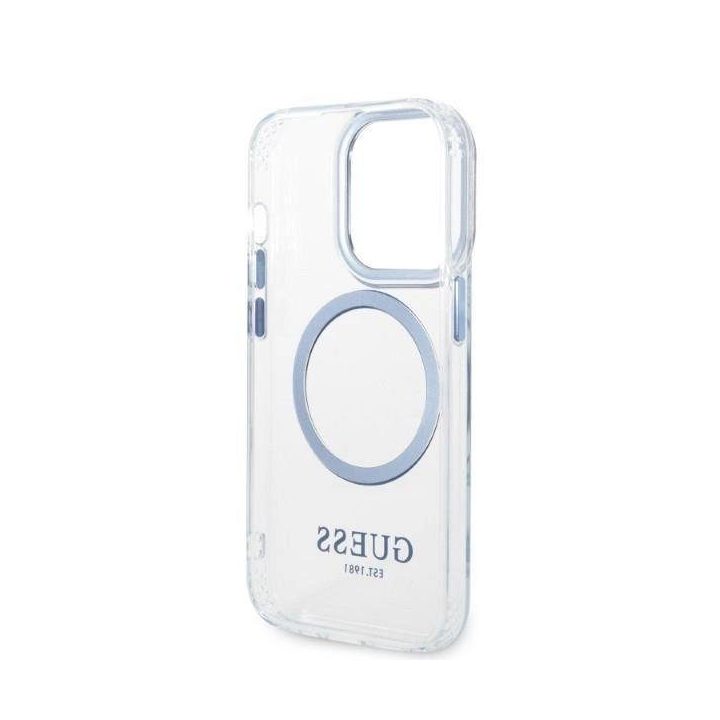 Guess metalinių kontūrų MagSafe dėklas iPhone 14 Pro - mėlynas