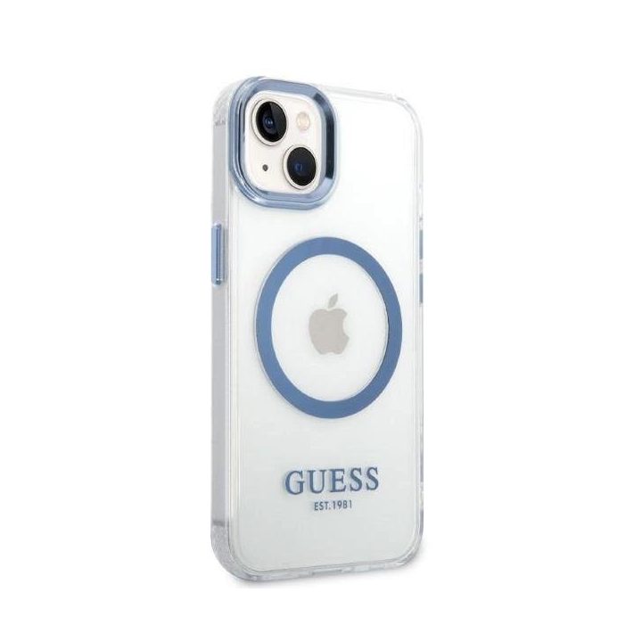 Guess metalinių kontūrų MagSafe dėklas iPhone 14 Plus - mėlynas