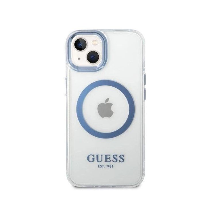 Guess metalinių kontūrų MagSafe dėklas iPhone 14 Plus - mėlynas