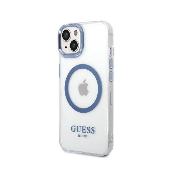 Guess metalinių kontūrų MagSafe dėklas iPhone 14 Plus - mėlynas