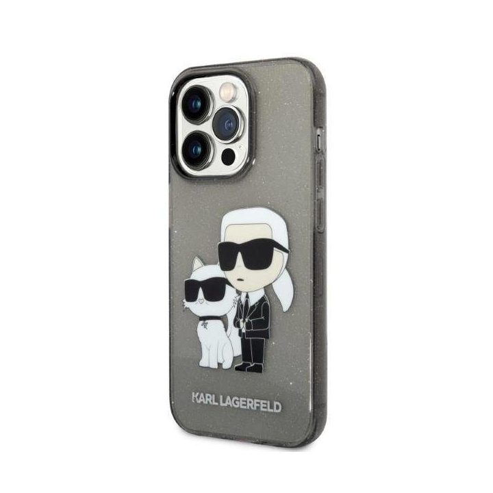 Karl Lagerfeld Glitter Karl&Choupette dėklas iPhone 14 Pro - Juodos spalvos