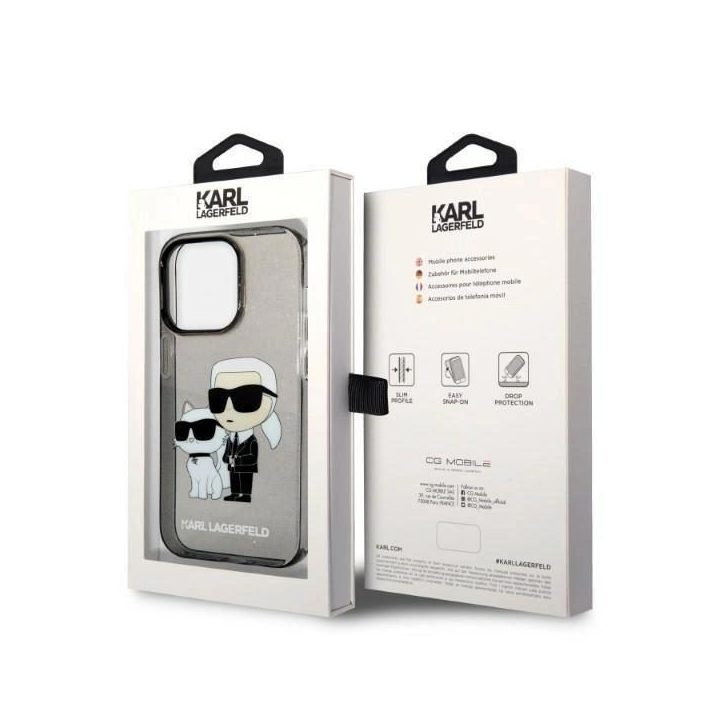 Karl Lagerfeld Glitter Karl&Choupette dėklas iPhone 14 Pro - Juodos spalvos