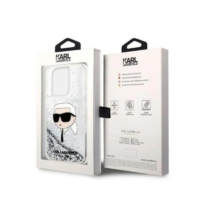 Karl Lagerfeld Glitter Karl's Head dėklas iPhone 14 Pro Max - sidabrinis