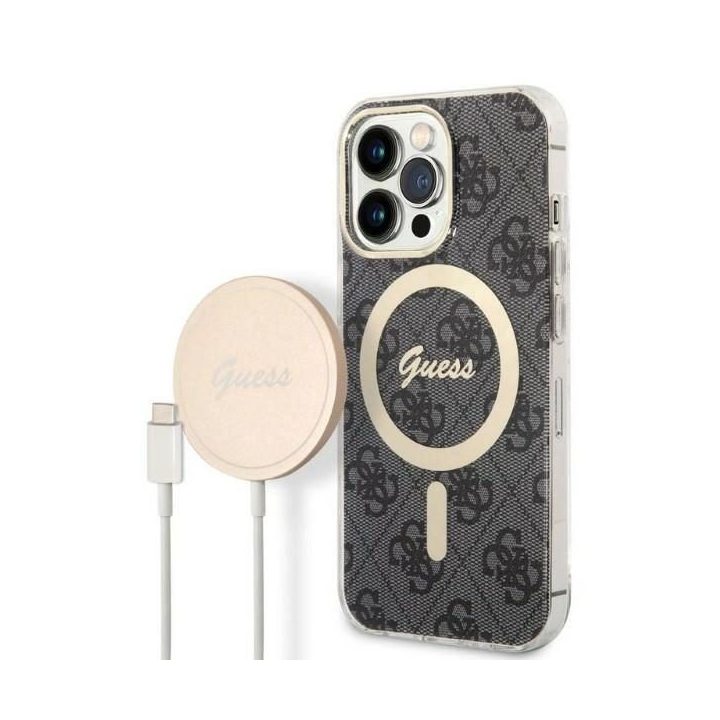 Komplektas Guess GUBPP13LH4EACSK Dėklas + įkroviklis iPhone 13 Pro juodas/juodas deklas 4G Spausdinti MagSafe