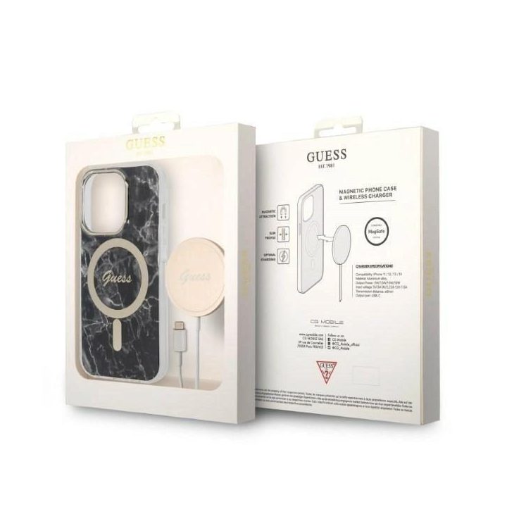 Komplektas Guess GUBPP14LHMEACSK Dėklas+įkroviklis iPhone 14 Pro 6.1 juodos/juodos spalvos deklas Marble MagSafe