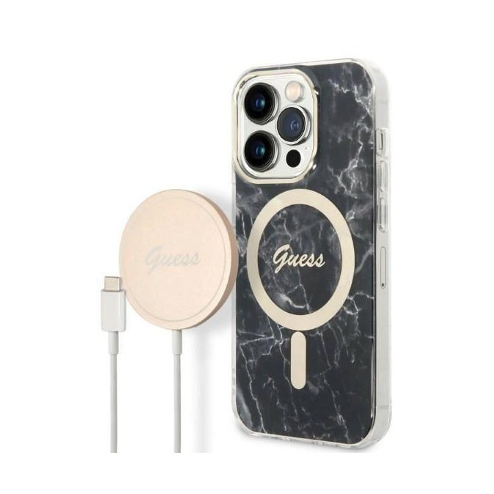Komplektas Guess GUBPP14LHMEACSK Dėklas+įkroviklis iPhone 14 Pro 6.1 juodos/juodos spalvos deklas Marble MagSafe