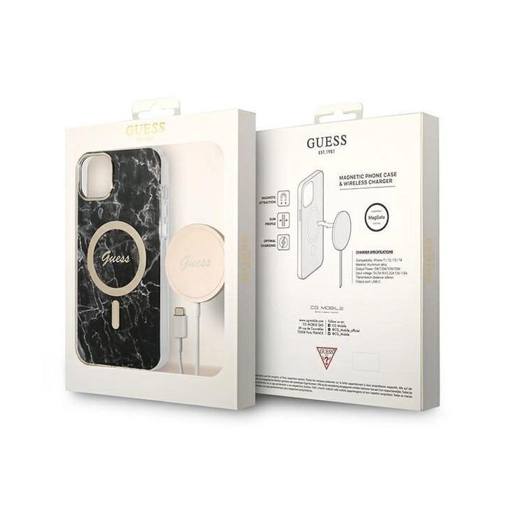 Komplektas Guess GUBPP14SHMEACSK Dėklas+įkroviklis iPhone 14 6.1 juodos/juodos spalvos deklas Marble MagSafe