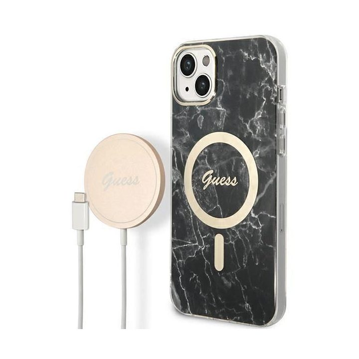 Komplektas Guess GUBPP14SHMEACSK Dėklas+įkroviklis iPhone 14 6.1 juodos/juodos spalvos deklas Marble MagSafe