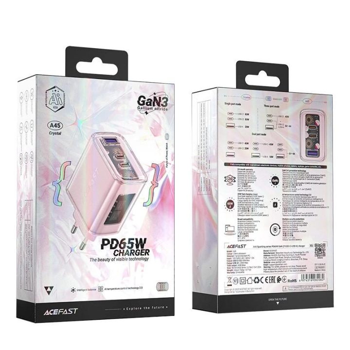 Acefast įkroviklis GaN 65W 3 prievadai (1xUSB, 2xUSB C) rožinės spalvos (A45)