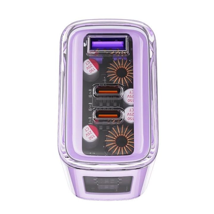 Acefast įkroviklis GaN 65W 3 prievadai (1xUSB, 2xUSB C) rožinės spalvos (A45)