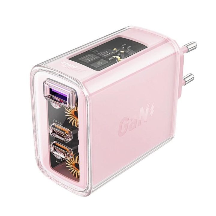 Acefast įkroviklis GaN 65W 3 prievadai (1xUSB, 2xUSB C) rožinės spalvos (A45)