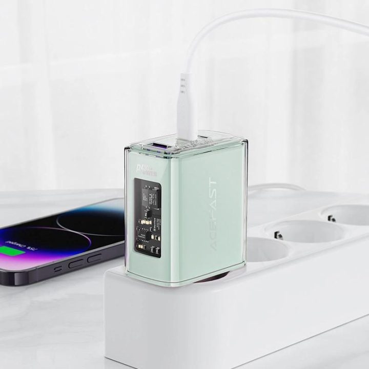 Acefast įkroviklis GaN 65W 3 prievadai (1xUSB, 2xUSB C) rožinės spalvos (A45)