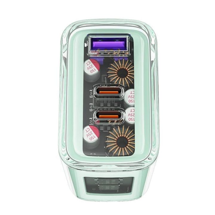 Acefast įkroviklis GaN 65W 3 prievadai (1xUSB, 2xUSB C) pilkos spalvos (A45)