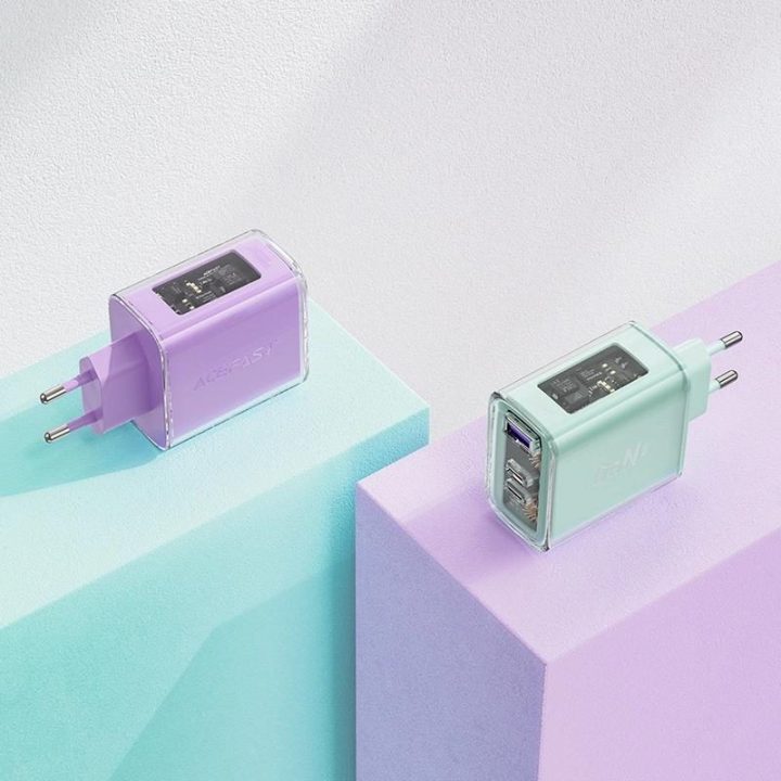 Acefast įkroviklis GaN 65W 3 prievadai (1xUSB, 2xUSB C) pilkos spalvos (A45)