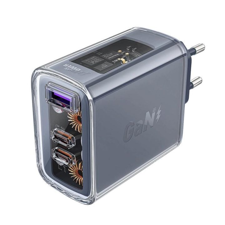 Acefast įkroviklis GaN 65W 3 prievadai (1xUSB, 2xUSB C) pilkos spalvos (A45)
