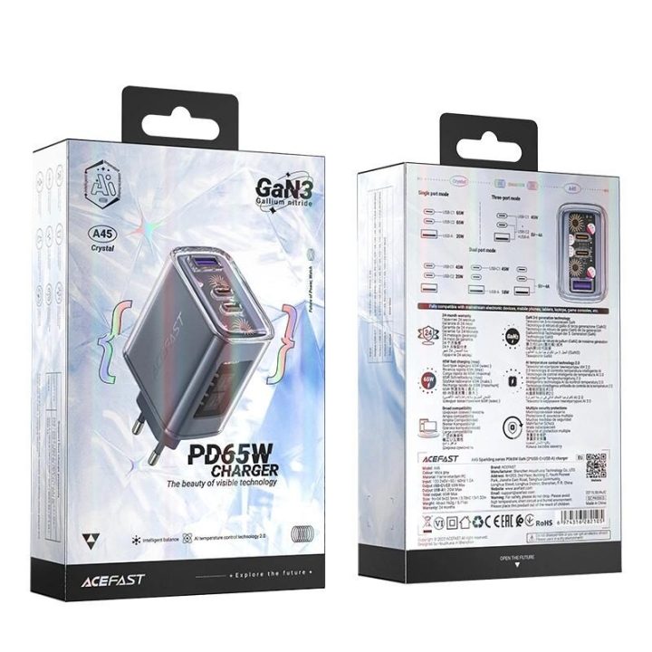 Acefast įkroviklis GaN 65W 3 prievadai (1xUSB, 2xUSB C) pilkos spalvos (A45)