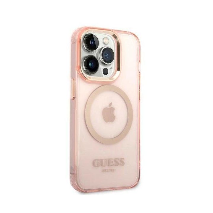 Guess GUHMP14LHTCMP iPhone 14 Pro 6.1 rožinės/rožinės spalvos deklas Gold Outline Translucent MagSafe