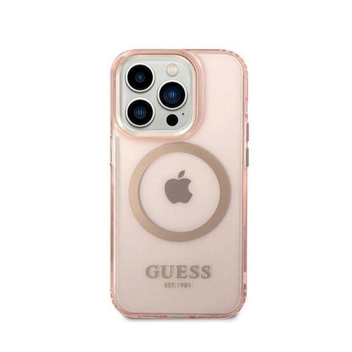Guess GUHMP14LHTCMP iPhone 14 Pro 6.1 rožinės/rožinės spalvos deklas Gold Outline Translucent MagSafe