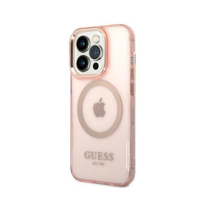 Guess GUHMP14LHTCMP iPhone 14 Pro 6.1 rožinės/rožinės spalvos deklas Gold Outline Translucent MagSafe