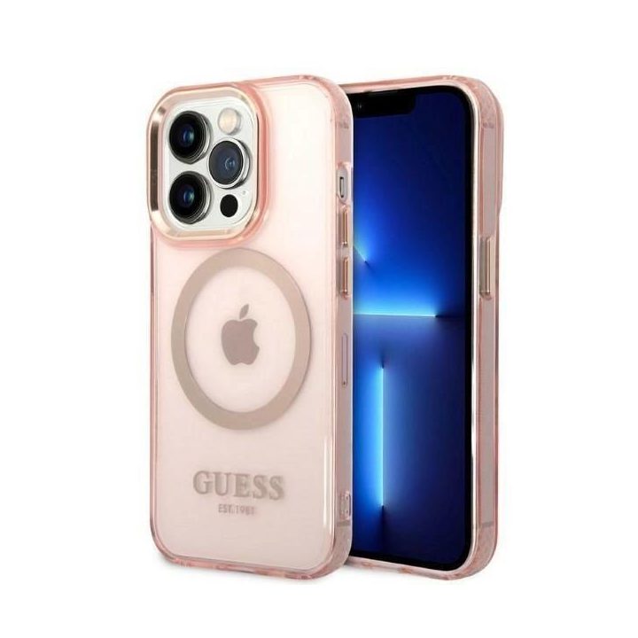 Guess GUHMP14LHTCMP iPhone 14 Pro 6.1 rožinės/rožinės spalvos deklas Gold Outline Translucent MagSafe