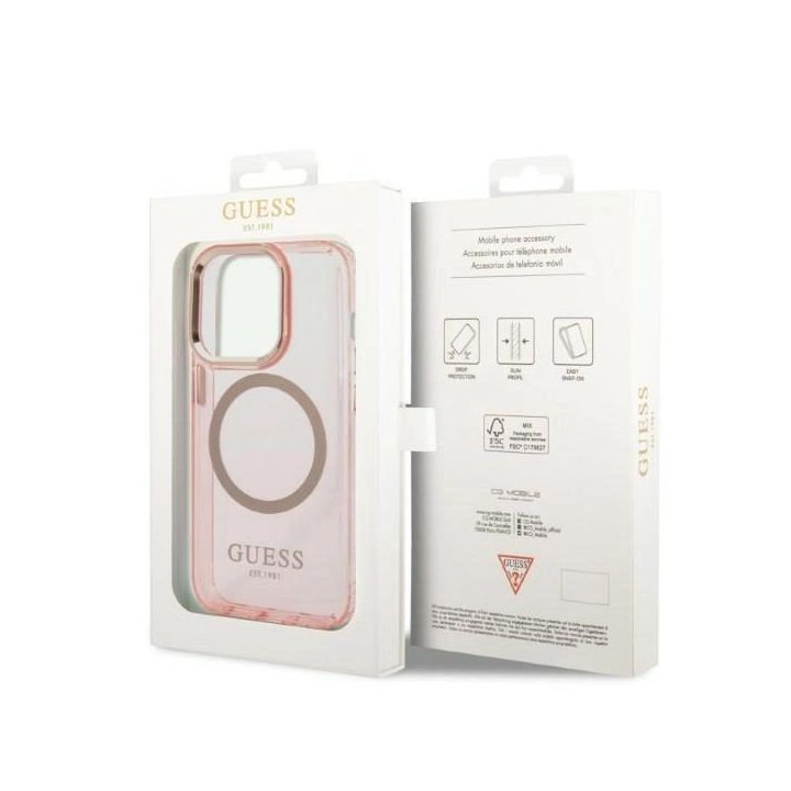 Guess GUHMP14LHTCMP iPhone 14 Pro 6.1 rožinės/rožinės spalvos deklas Gold Outline Translucent MagSafe