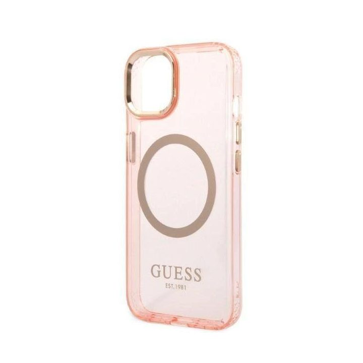 Guess GUHMP14MHTCMP iPhone 14 Plus 6,7 rožinės/rožinės spalvos deklas Gold Outline Translucent MagSafe