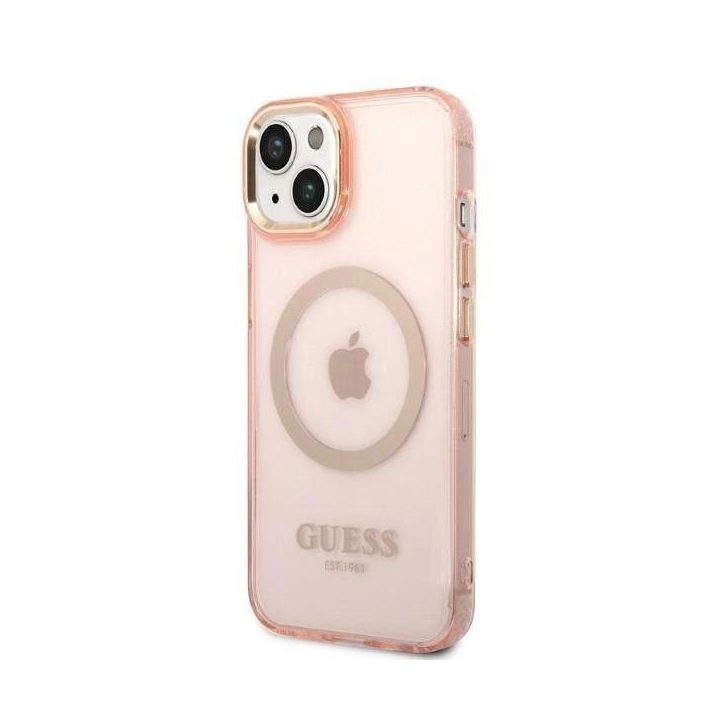 Guess GUHMP14MHTCMP iPhone 14 Plus 6,7 rožinės/rožinės spalvos deklas Gold Outline Translucent MagSafe