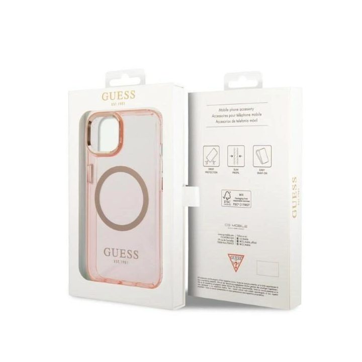 Guess GUHMP14MHTCMP iPhone 14 Plus 6,7 rožinės/rožinės spalvos deklas Gold Outline Translucent MagSafe