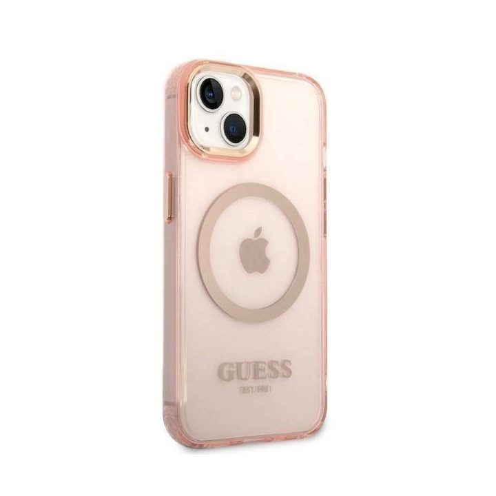 Guess GUHMP14MHTCMP iPhone 14 Plus 6,7 rožinės/rožinės spalvos deklas Gold Outline Translucent MagSafe