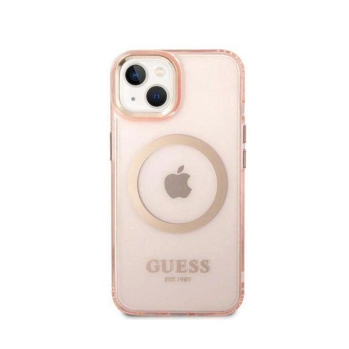 Guess GUHMP14MHTCMP iPhone 14 Plus 6,7 rožinės/rožinės spalvos deklas Gold Outline Translucent MagSafe