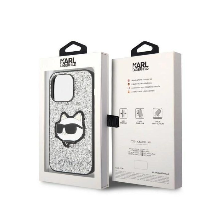 Karl Lagerfeld KLHCP14LG2CPS iPhone 14 Pro 6,1 sidabro/sidabro spalvos deklas Glitter Choupette Patch