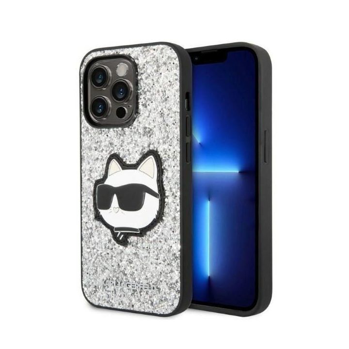 Karl Lagerfeld KLHCP14LG2CPS iPhone 14 Pro 6,1 sidabro/sidabro spalvos deklas Glitter Choupette Patch