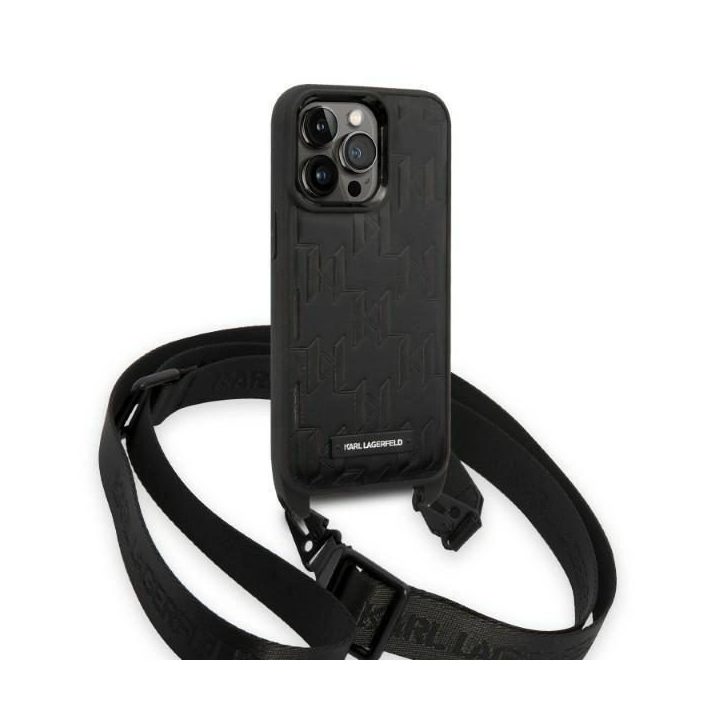 Karl Lagerfeld KLHCP14LSTMMK iPhone 14 Pro 6,1 deklas juoda/juoda Monogramos plokštelė Logotipas Dirželis