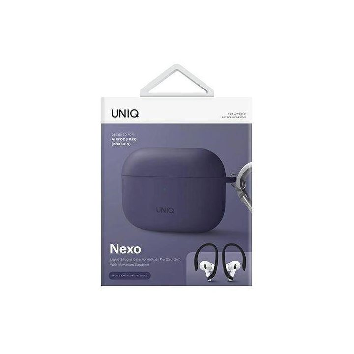 Uniq dėklas Nexo AirPods Pro 2 gen + ausų kabliukai Silikonas violetinė/juoda violetinė