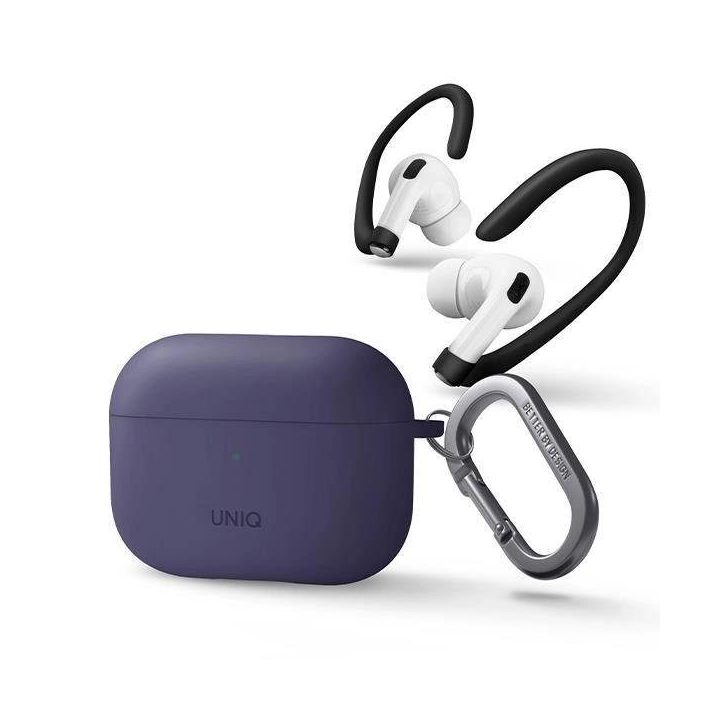 Uniq dėklas Nexo AirPods Pro 2 gen + ausų kabliukai Silikonas violetinė/juoda violetinė