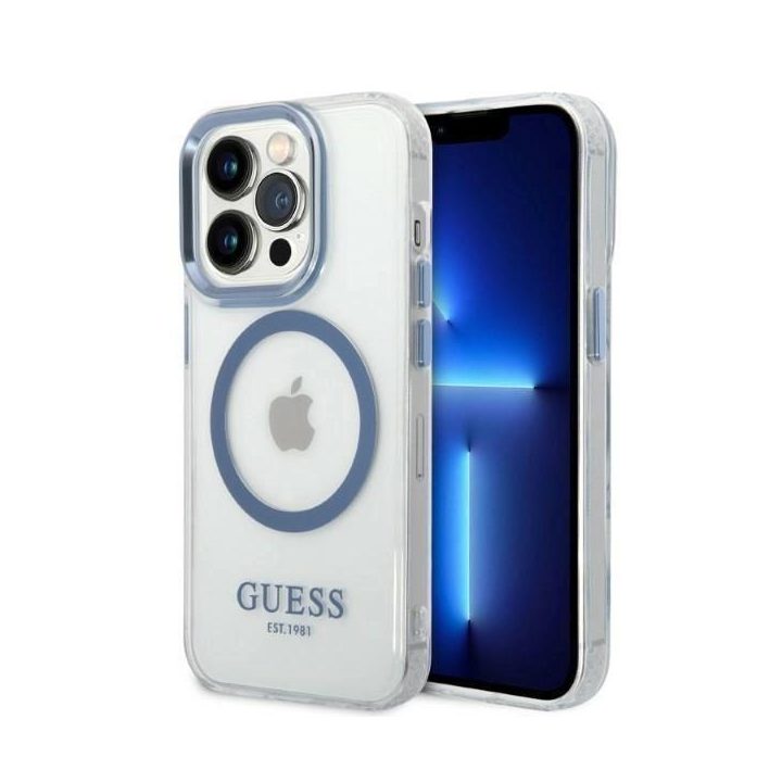 Guess GUHMP14XHTRMB iPhone 14 Pro Max 6,7 mėlynos/mėlynos spalvos deklas Metal Outline Magsafe