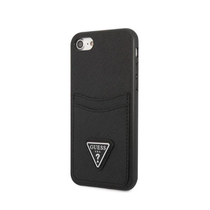 Guess GUHCI8PSATPK iPhone 7/8 SE 2020 / SE 2022 deklas juodas/juodas deklas Saffiano Triangle Logo Cardslot