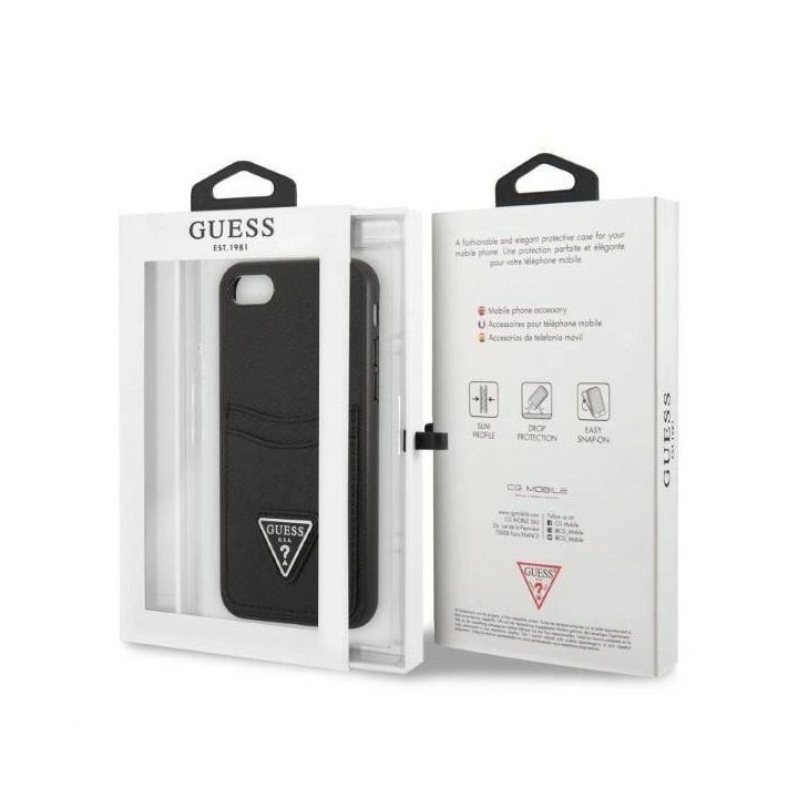 Guess GUHCI8PSATPK iPhone 7/8 SE 2020 / SE 2022 deklas juodas/juodas deklas Saffiano Triangle Logo Cardslot