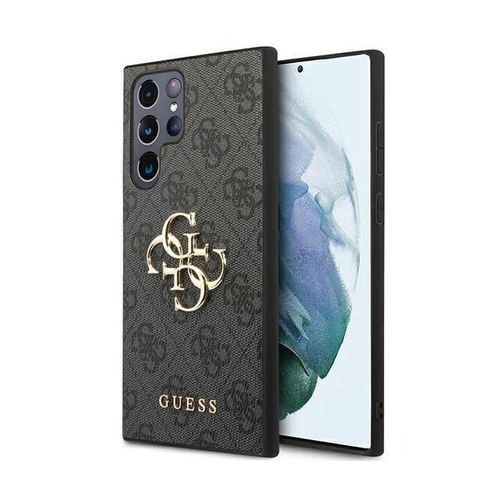 Guess GUHCS23L4GMGGR S23 Ultra S918 pilkos/pilkos spalvos deklas 4G su dideliu metaliniu logotipu