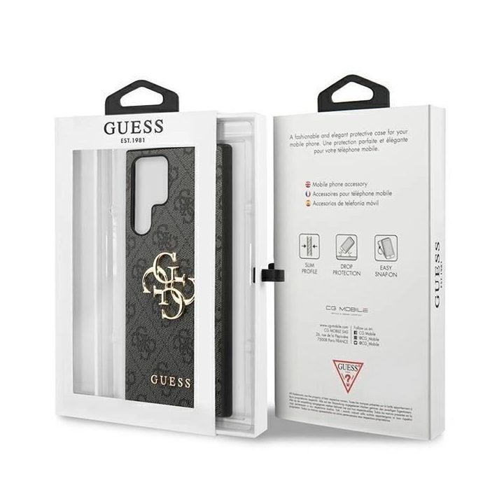 Guess GUHCS23L4GMGGR S23 Ultra S918 pilkos/pilkos spalvos deklas 4G su dideliu metaliniu logotipu