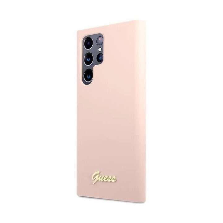 Guess GUHCS23LLSLMGPP S23 Ultra S918 rožinės/rožinės spalvos deklas Silikonas Script Metalinis logotipas