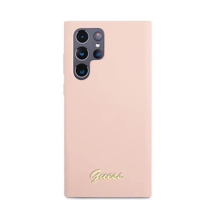Guess GUHCS23LLSLMGPP S23 Ultra S918 rožinės/rožinės spalvos deklas Silikonas Script Metalinis logotipas