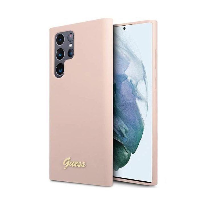 Guess GUHCS23LLSLMGPP S23 Ultra S918 rožinės/rožinės spalvos deklas Silikonas Script Metalinis logotipas