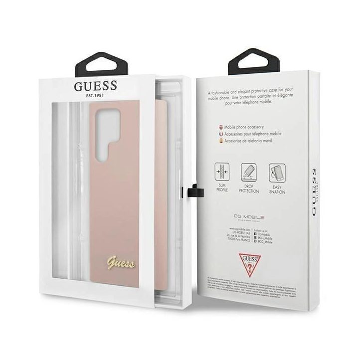 Guess GUHCS23LLSLMGPP S23 Ultra S918 rožinės/rožinės spalvos deklas Silikonas Script Metalinis logotipas